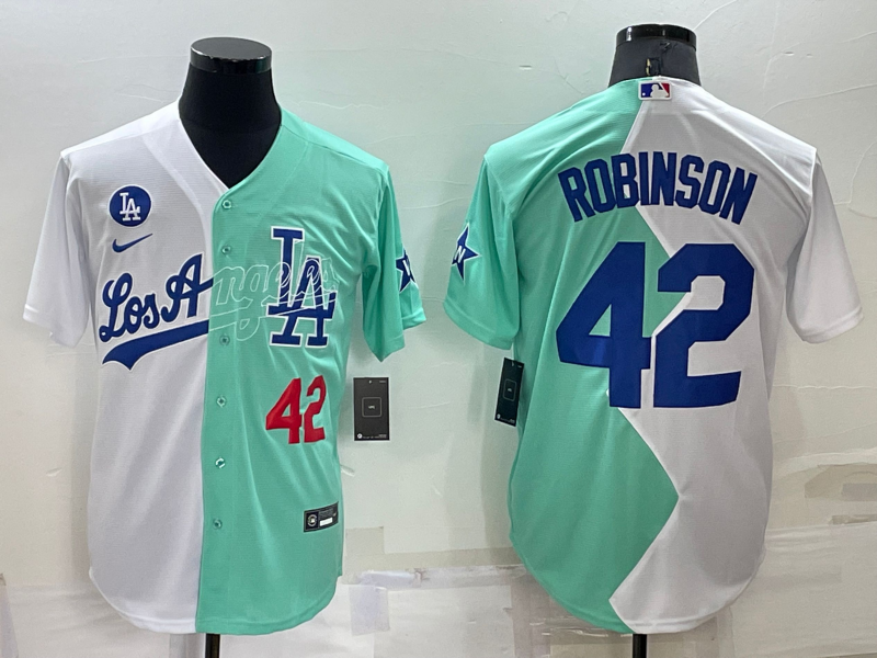 Mens Los Angeles Dodgers #42 Jackie Robinson White Green Number 2022 Celebrity Softball Game Cool Base Jersey