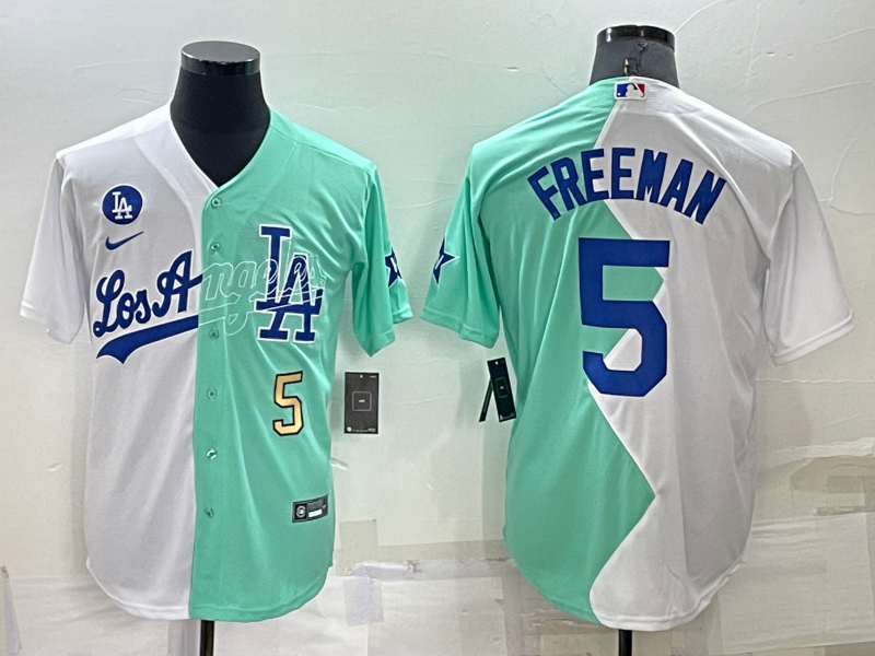Mens Los Angeles Dodgers #5 Freddie Freeman White Green Number 2022 Celebrity Softball Game Cool Base Jersey