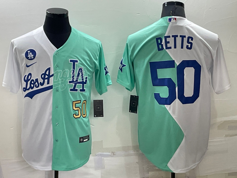 Mens Los Angeles Dodgers #50 Mookie Betts White Green Number 2022 Celebrity Softball Game Cool Base Jersey