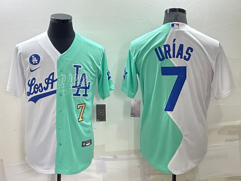 Mens Los Angeles Dodgers #7 Julio Urias White Green Number 2022 Celebrity Softball Game Cool Base Jersey