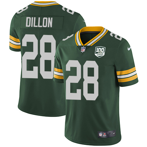 Nike Packers #28 AJ Dillon Green Team Color Men's 100th Season Stitched NFL Vapor Untouchable Limited Jersey
