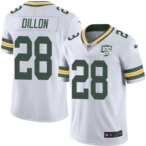 Nike Packers #28 AJ Dillon White Men's 100th Season Stitched NFL Vapor Untouchable Limited Jersey