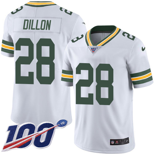 Nike Packers #28 AJ Dillon White Men's Stitched NFL 100th Season Vapor Untouchable Limited Jersey