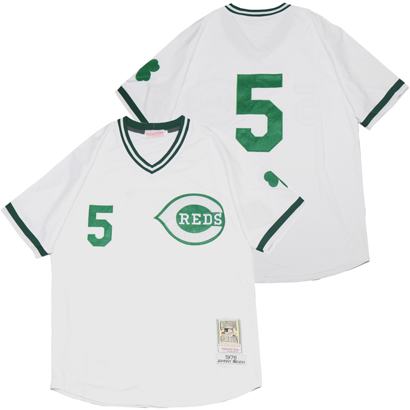 Reds 5 Johnny Bench White St. Patrick's Day Jersey