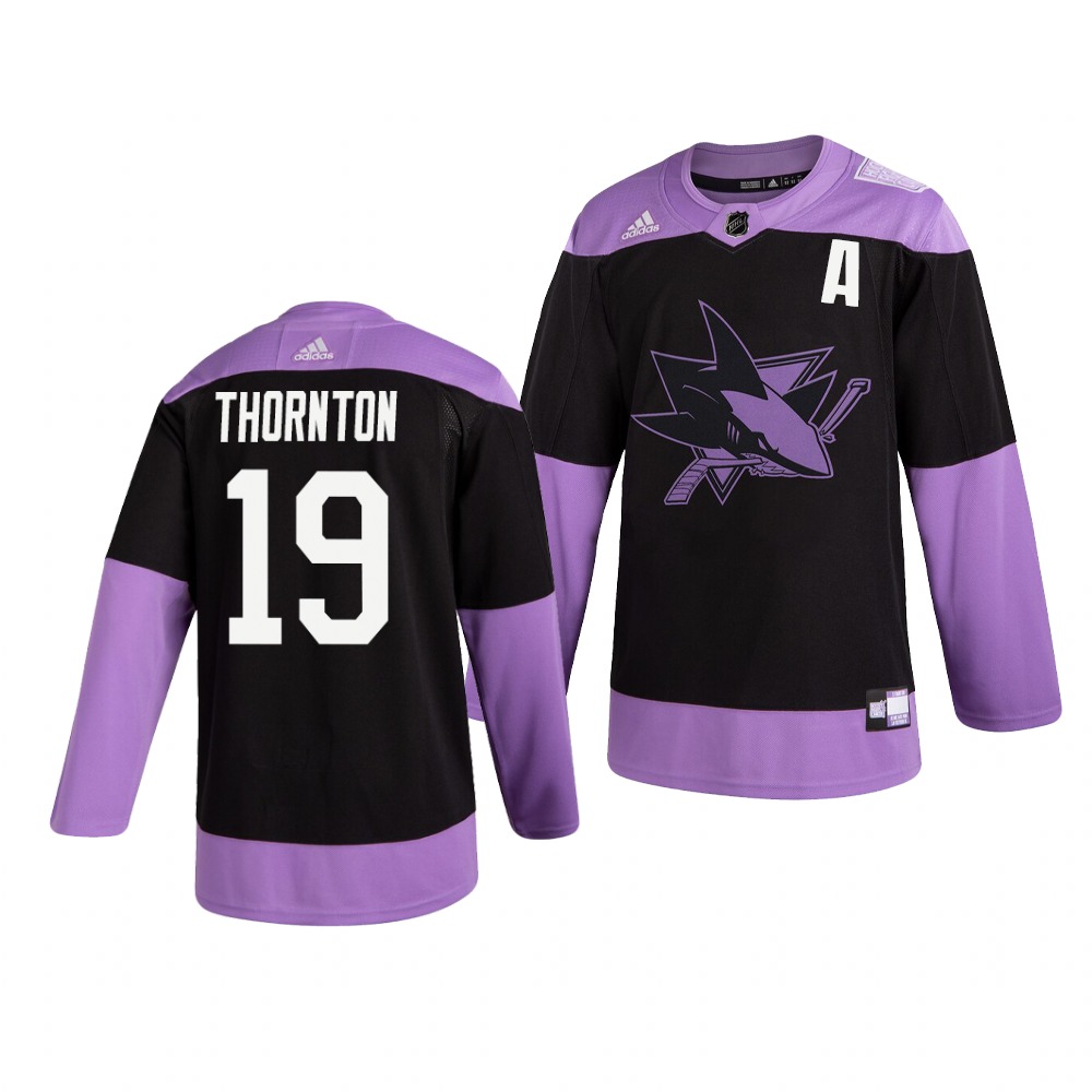 Sharks 19 Joe Thornton Black Purple Hockey Fights Cancer Adidas Jersey