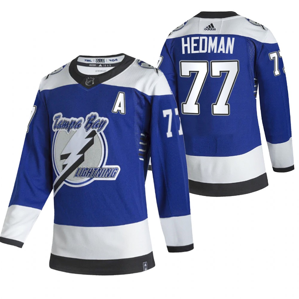 Tampa Bay Lightning #77 Victor Hedman Blue Men's Adidas 2020-21 Reverse Retro Alternate NHL Jersey