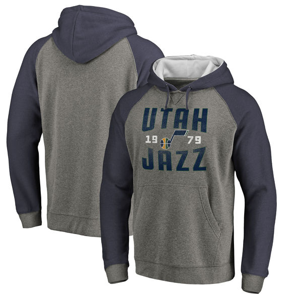 Utah Jazz Fanatics Branded Ash Antique Stack Tri Blend Raglan Pullover Hoodie