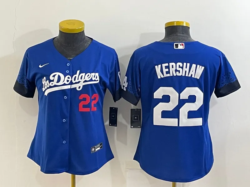 Women's Los Angeles Dodgers #22 Clayton Kershaw Blue 2021 City Connect Number Cool Base Stitched Jersey