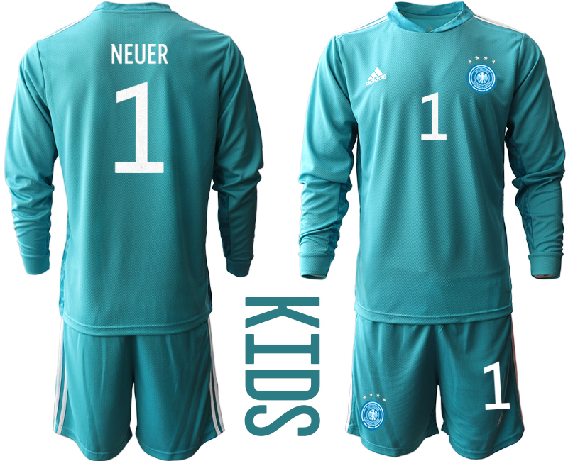 Youth 2020-21 Germany lake blue goalkeeper 1# NEUER long sleeve soccer jerseys