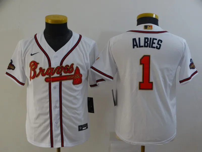 Youth Atlanta Braves #1 Ozzie Albies 2022 White Gold World Series Champions Program Cool Base Stitched Baseball Jersey