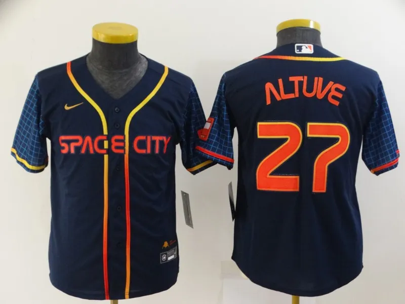 Youth Houston Astros #27 Jose Altuve 2022 Navy Blue City Connect Cool Base Stitched Jersey