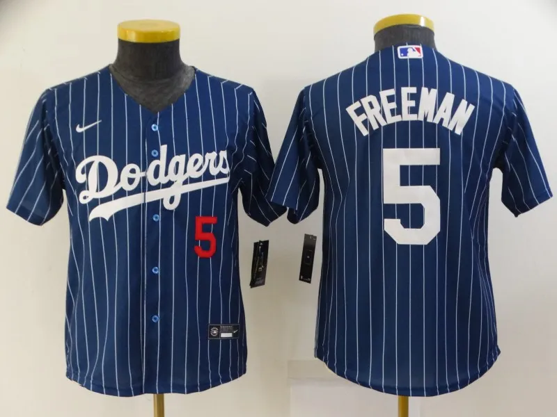 Youth Los Angeles Dodgers #5 Freddie Freeman Navy Blue Pinstripe Stitched MLB Cool Base Nike Jersey